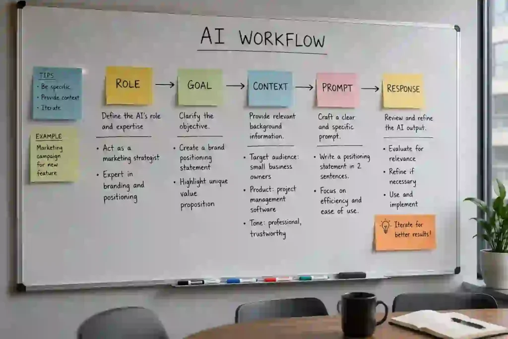 Whiteboard showing an AI workflow with sticky notes labeled Role, Goal, Context, Prompt, and Response in a modern meeting room.