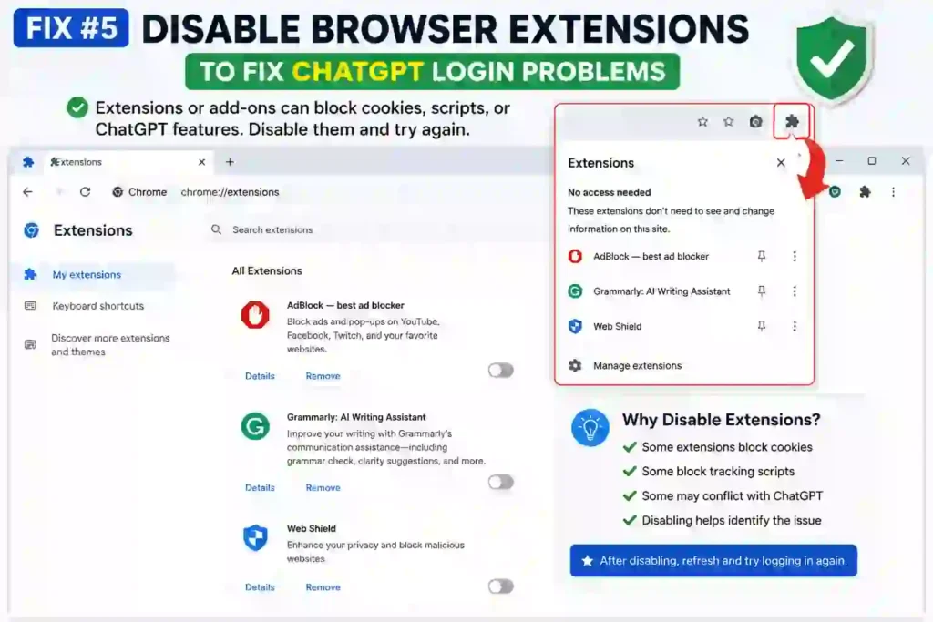 Disabling browser extensions to fix ChatGPT login problems