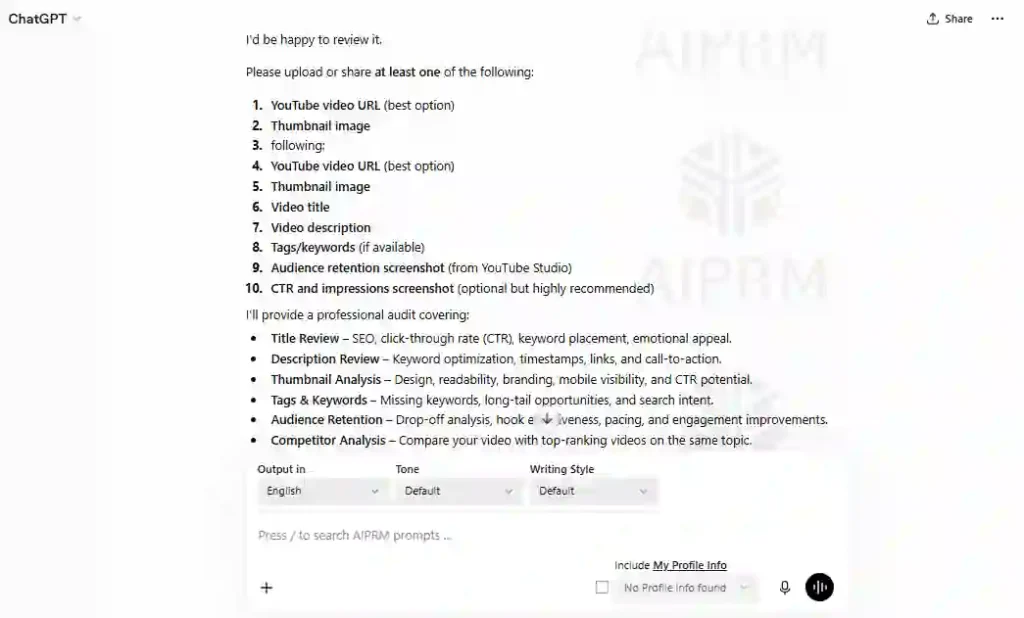 ChatGPT SEO audit prompt for reviewing YouTube video titles, descriptions, thumbnails, tags, keywords, audience retention, competitors, and CTR optimization.