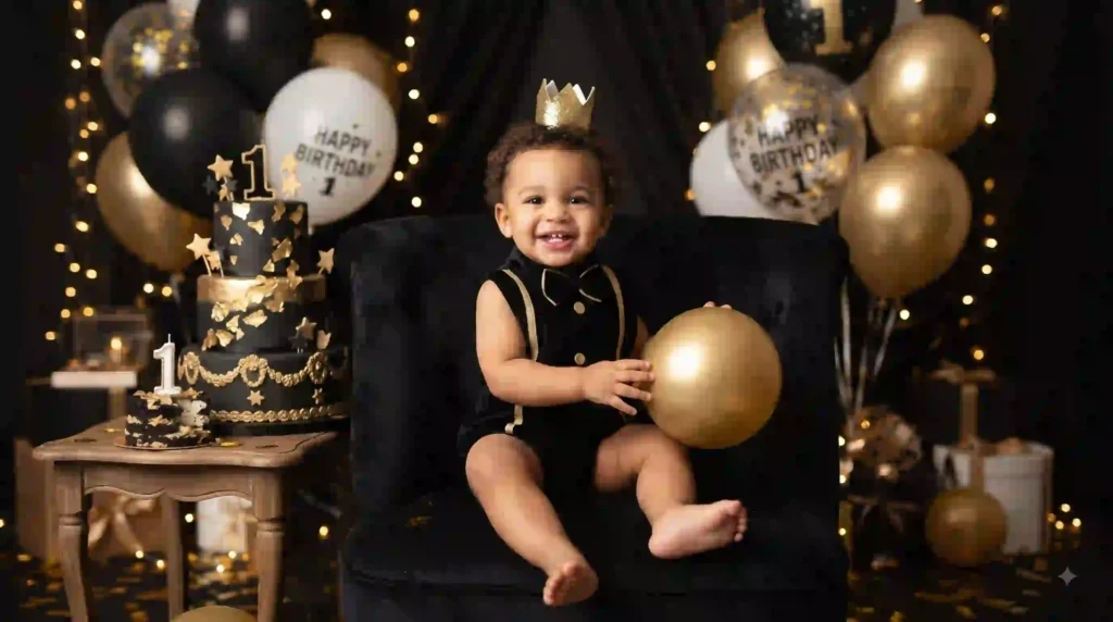 Baby boy birthday photo wearing a suit with a birthday cake