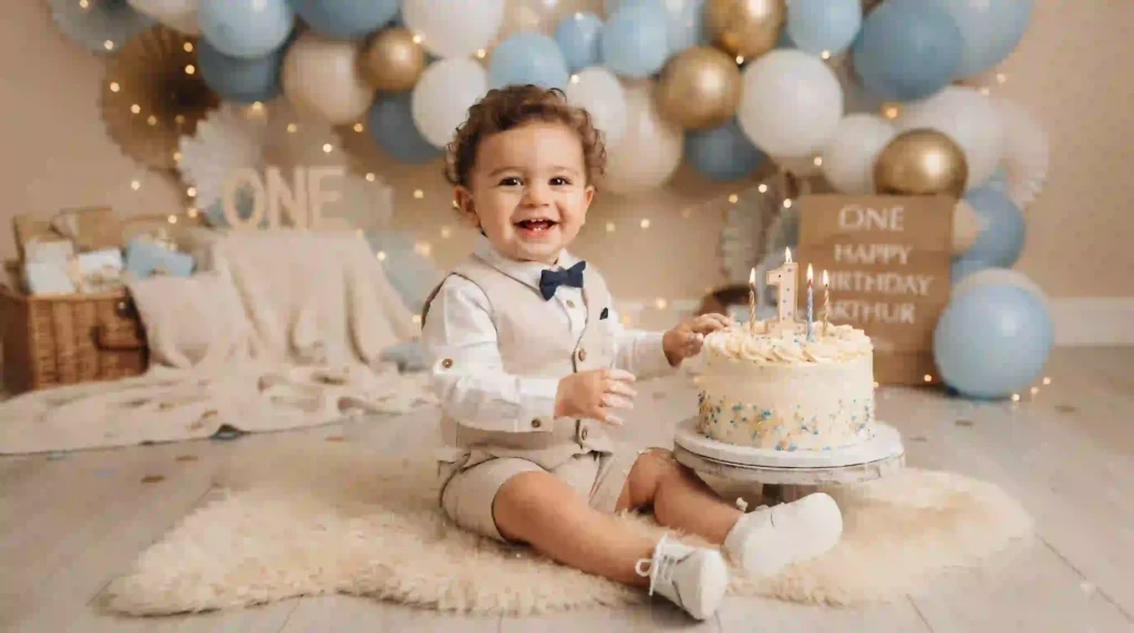 Baby boy first birthday photo with cake and blue decorations