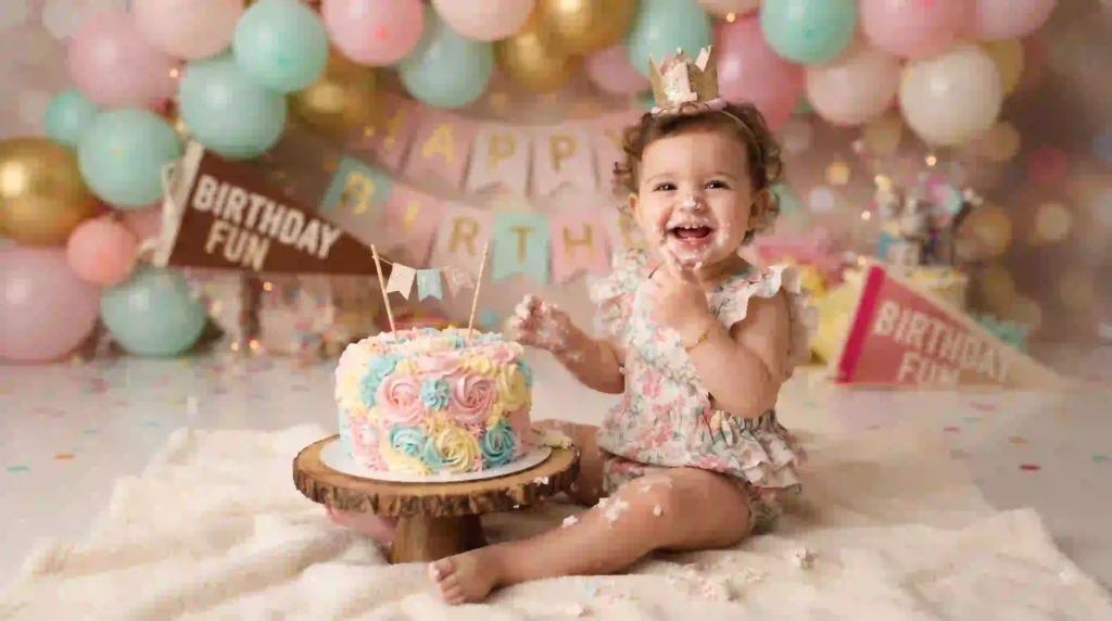 Baby girl birthday cake smash photo with colorful decorations