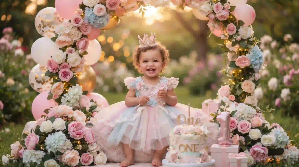 Baby girl first birthday photo with cake and floral decorations