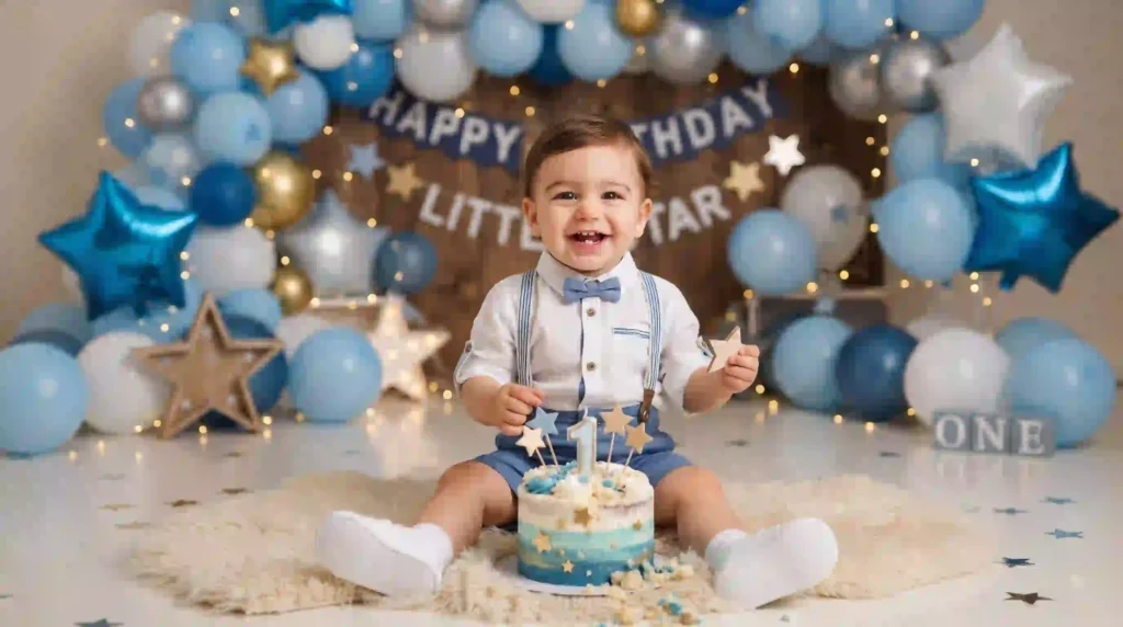 Baby boy first birthday photo with blue balloons and birthday cake