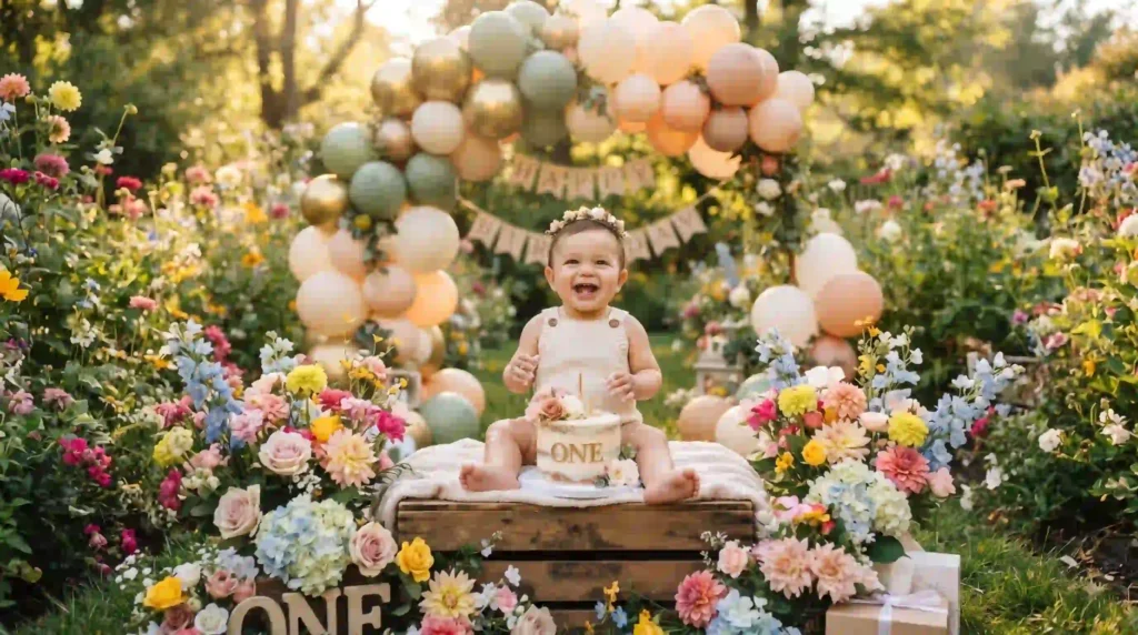 Baby girl first birthday photo with butterflies and floral decorations