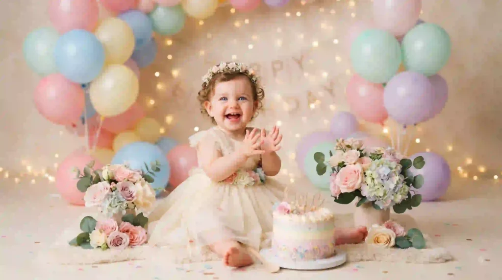 Baby girl birthday photo with butterfly theme and pastel decorations