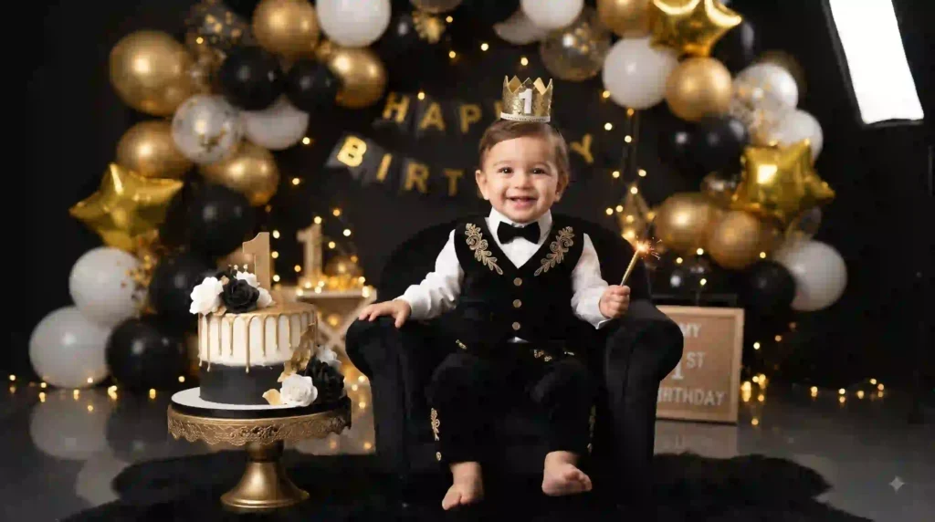 ChatGPT baby boy birthday photo prompt with cake and balloons