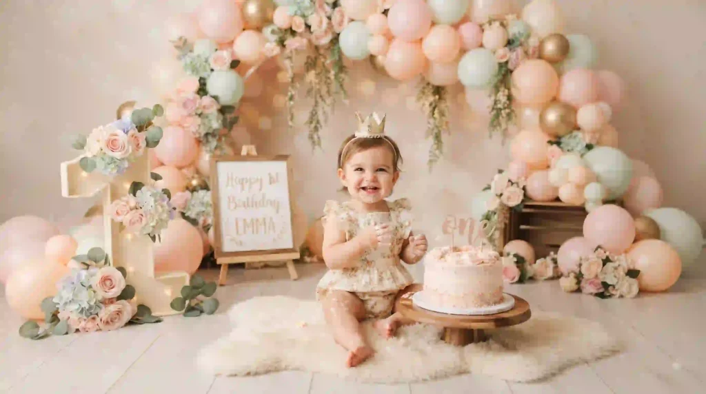 ChatGPT baby girl birthday photo prompt with pastel decorations
