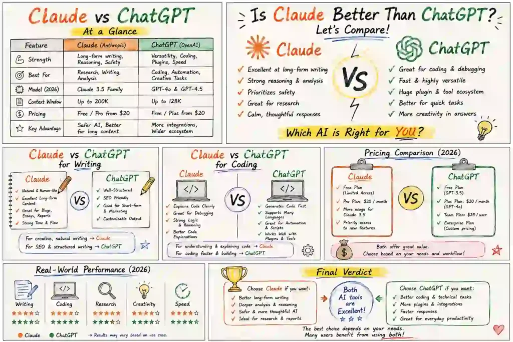 Claude AI vs ChatGPT infographic comparing AI models, writing quality, coding ability, pricing, and productivity.