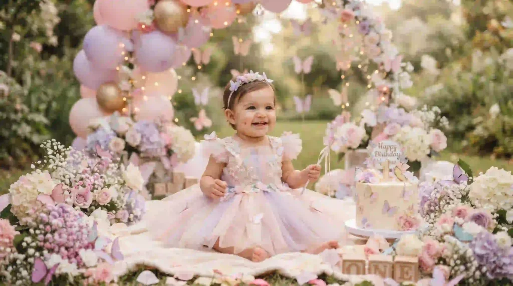 Cute baby birthday image with cake, balloons, and party decorations