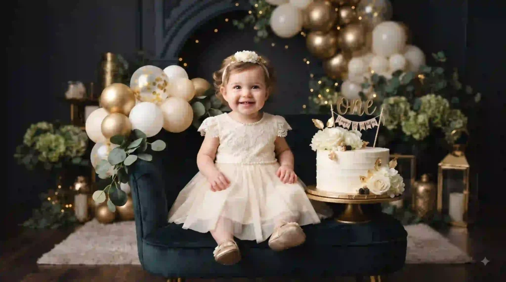 Elegant baby girl birthday photo with white and gold decorations