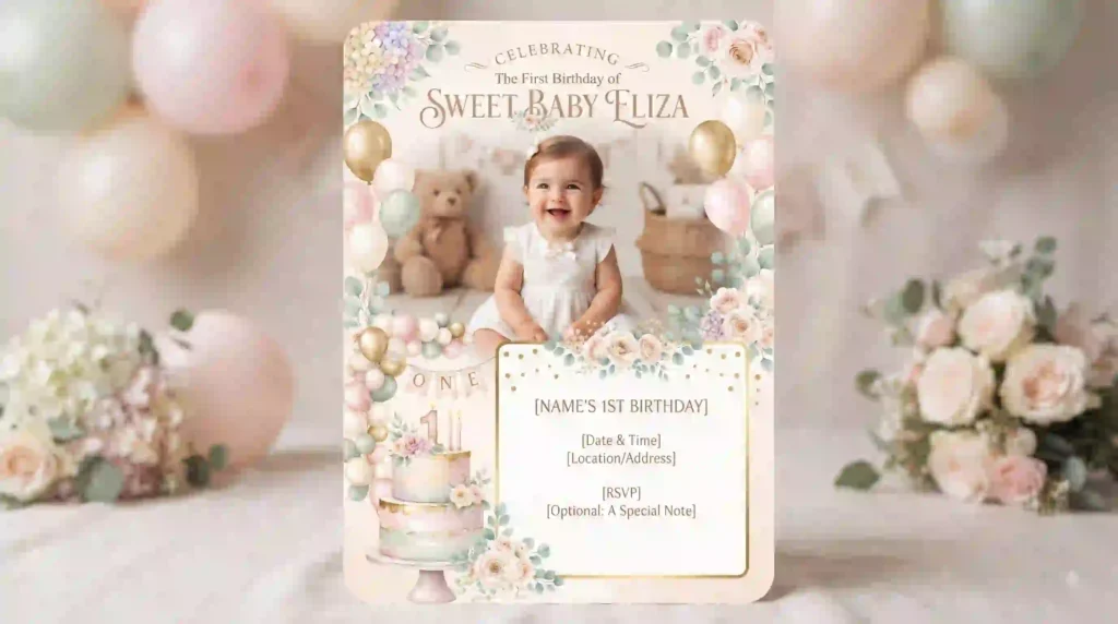 AI-generated first birthday photo of a baby with birthday cake