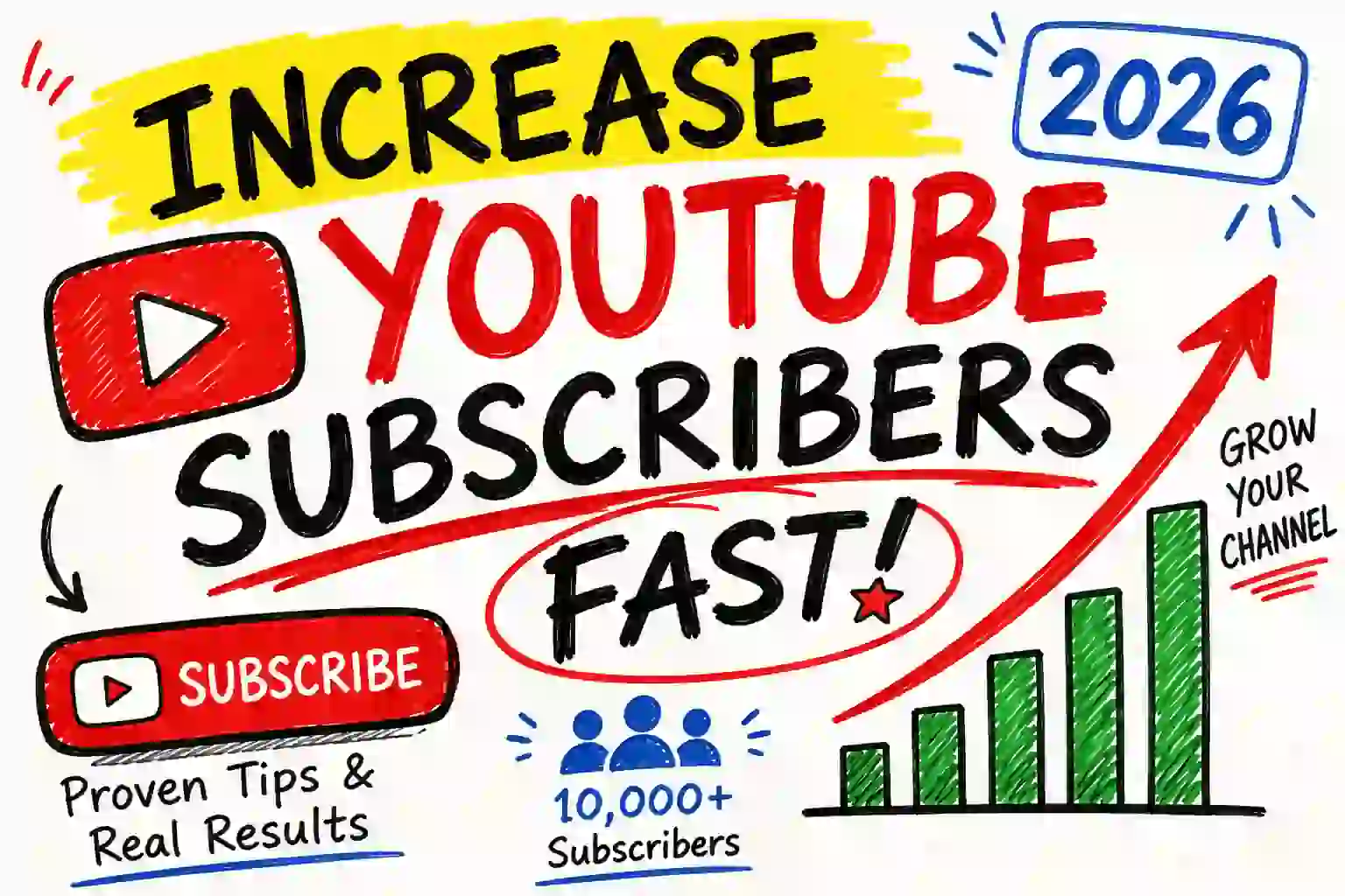Handwritten infographic showing how to increase YouTube subscribers fast in 2026 with proven YouTube channel growth strategies, subscriber graph, and YouTube logo.
