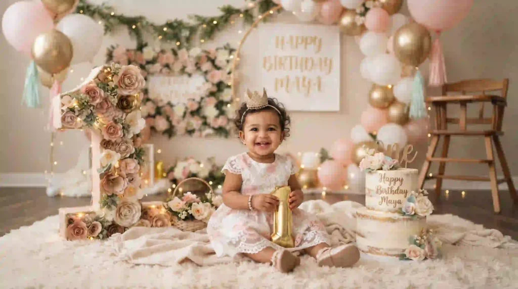 Indian baby boy first birthday photo with traditional outfit