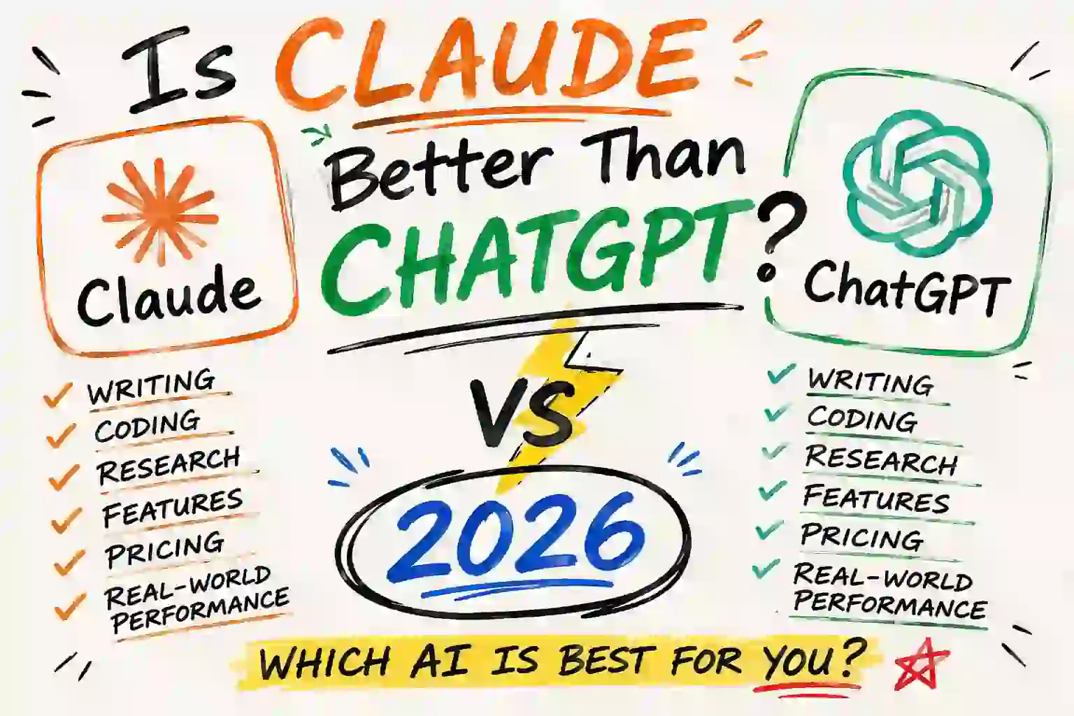 Is Claude Better Than ChatGPT? Compare Claude vs ChatGPT for writing, coding, research, pricing, features, and real-world performance in 2026.
