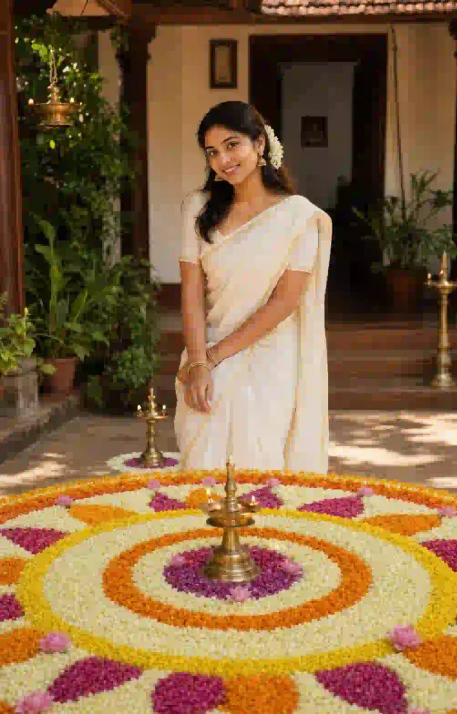 Onam AI photo prompt of a woman wearing a Kasavu saree in a lush Kerala garden