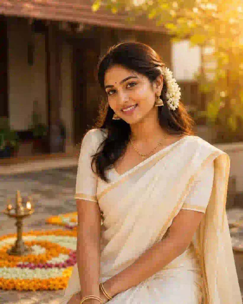 Onam AI photo prompt featuring a woman in a Kasavu saree holding a traditional Kerala brass lamp