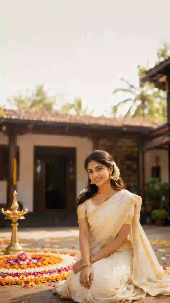 Onam AI photo prompt of a woman in a Kasavu saree posing in a traditional Kerala courtyard