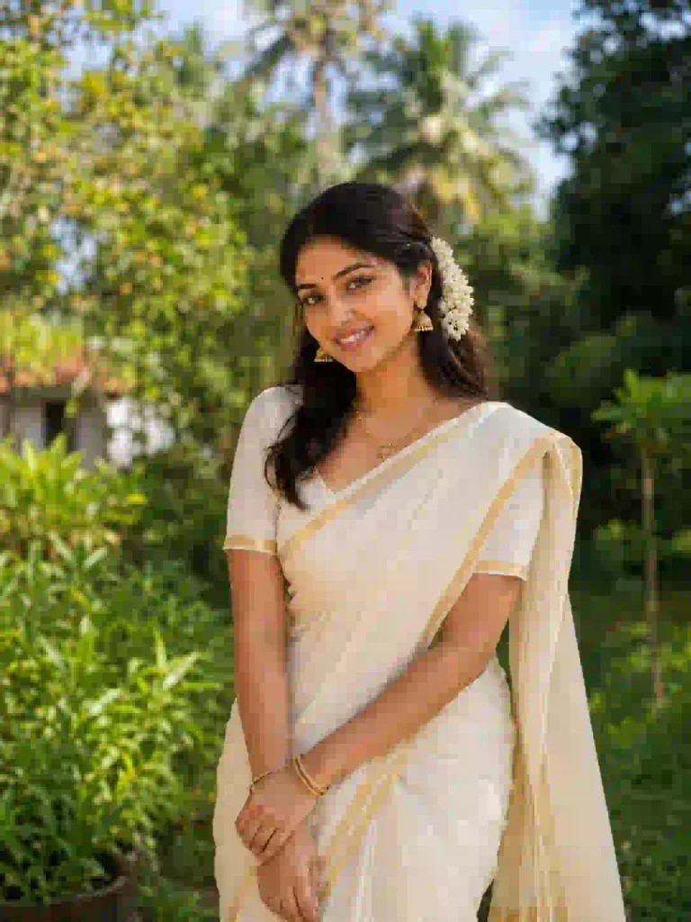 Kerala Onam AI photo prompt featuring a woman in a white and gold Kasavu saree with jasmine flowers