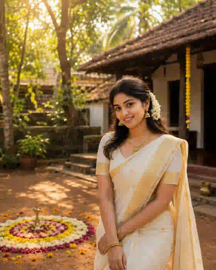 Onam AI photo prompt showing a woman in a Kasavu saree beside a colorful Kerala Pookalam