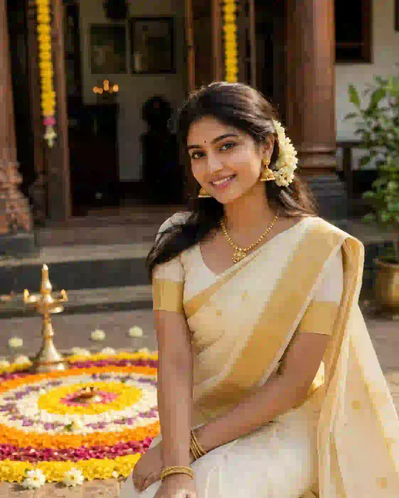 Onam AI photo prompt showing a Kerala woman in a traditional Kasavu saree with jasmine flowers
