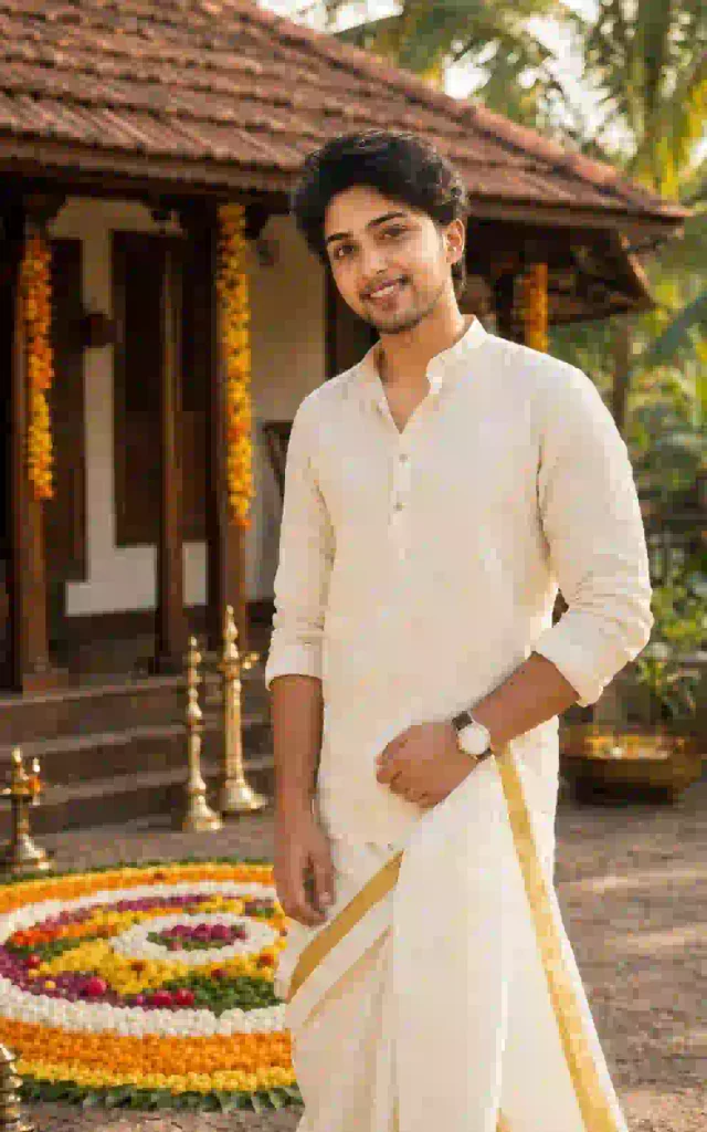 Man wearing a traditional Kerala mundu and kurta in an Onam AI photo