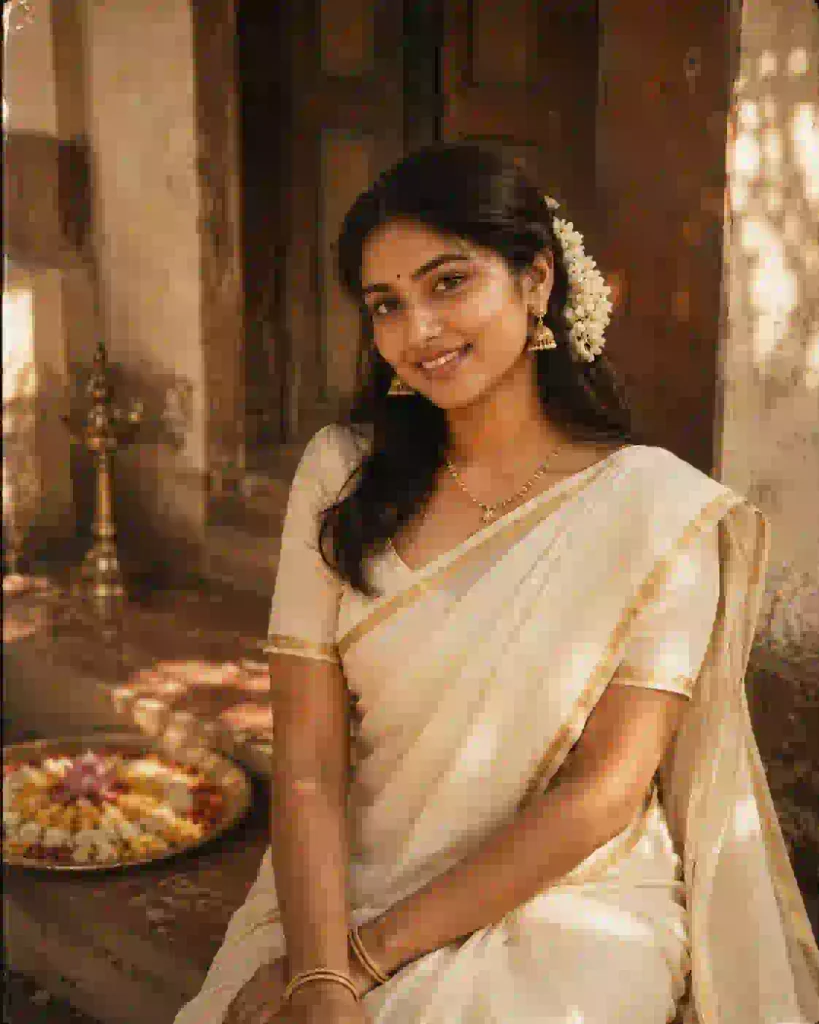 Onam AI photo prompt showing a traditional Kerala portrait with a colorful Pookalam and brass lamp