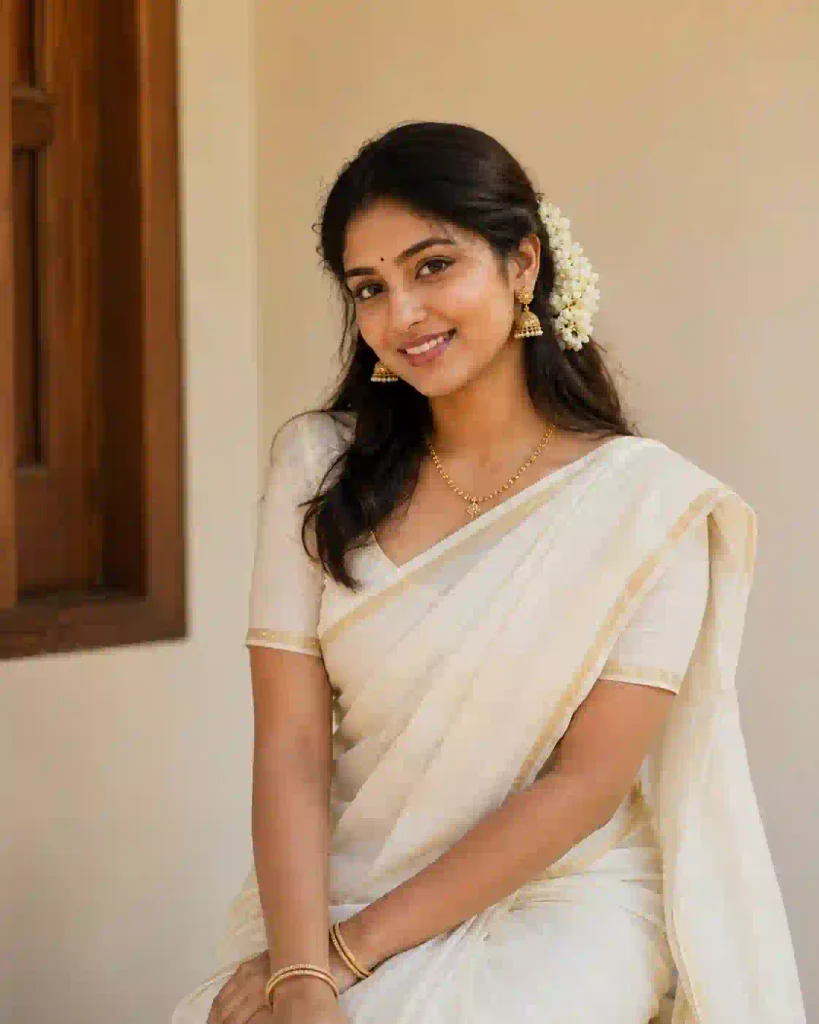 Traditional Kerala Onam portrait created with an AI photo prompt, featuring a Kasavu saree and jasmine flowers