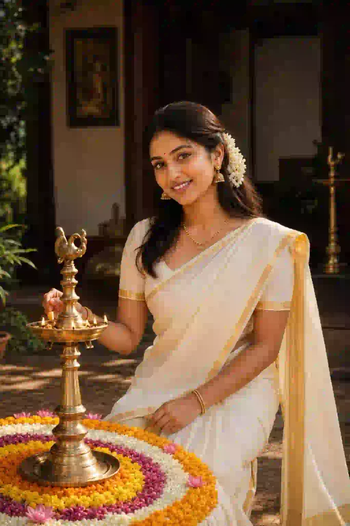 Vintage-style Onam AI photo prompt featuring a woman in a traditional Kasavu saree