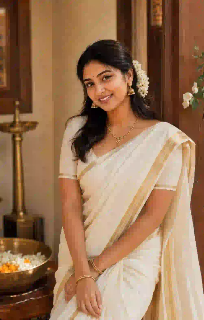 Woman wearing a traditional white and gold Kerala saree for an Onam AI photo