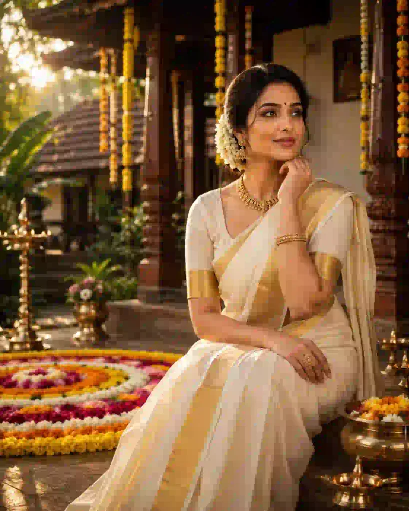 Woman in a traditional Kerala saree standing beside a colorful Onam pookalam