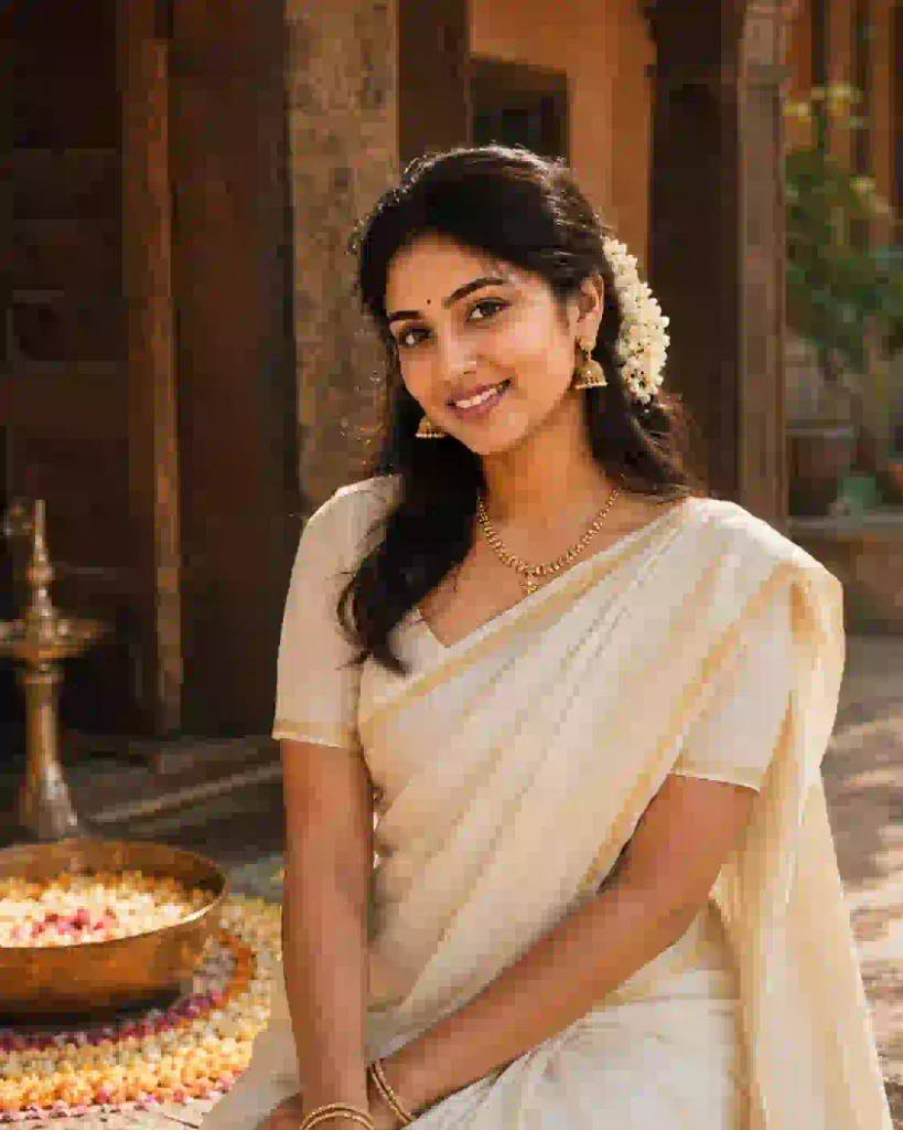 Woman in a traditional Kerala saree created with an Onam AI photo prompt