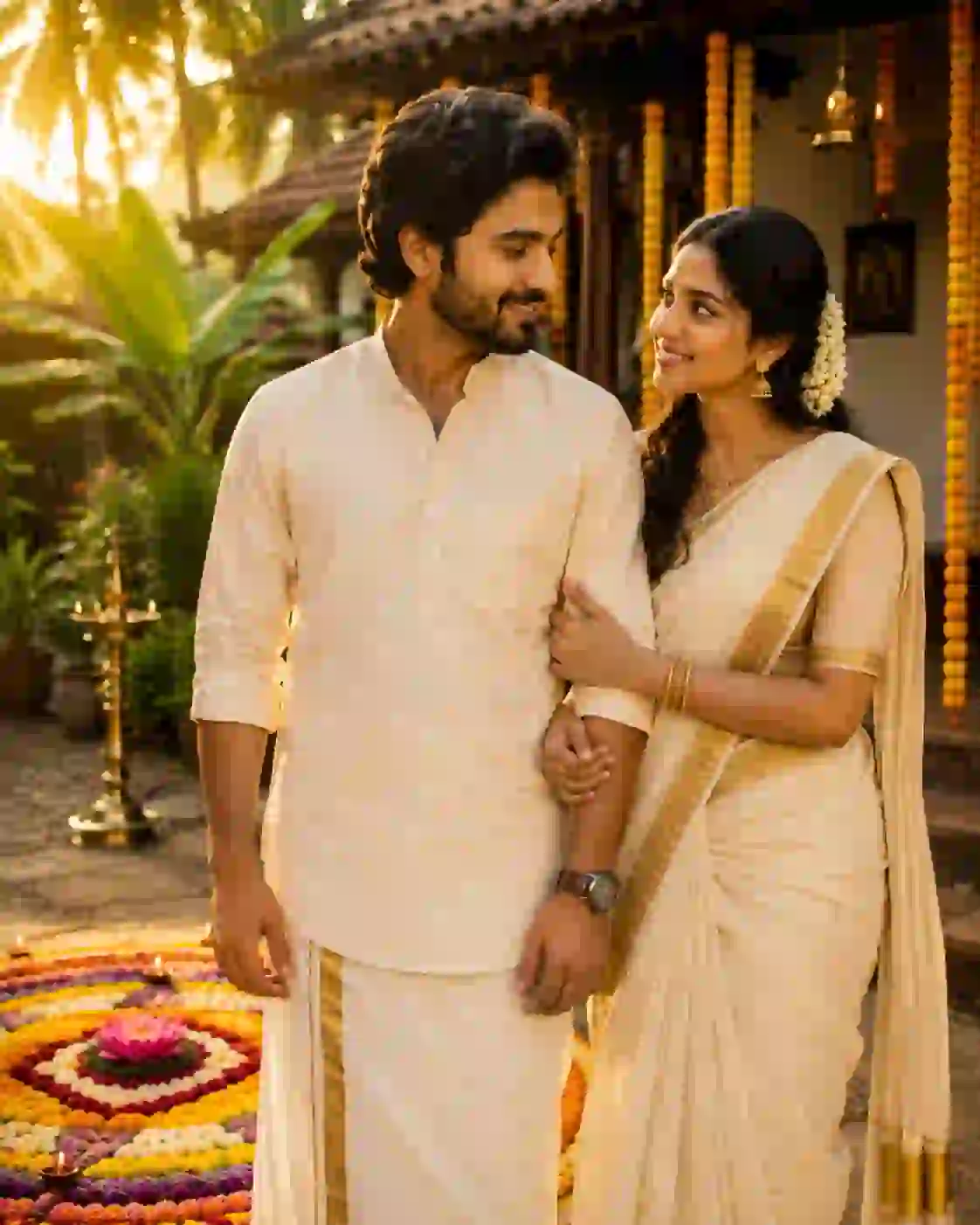 Romantic Onam couple in traditional Kerala attire standing beside a colorful Pookalam during golden hour