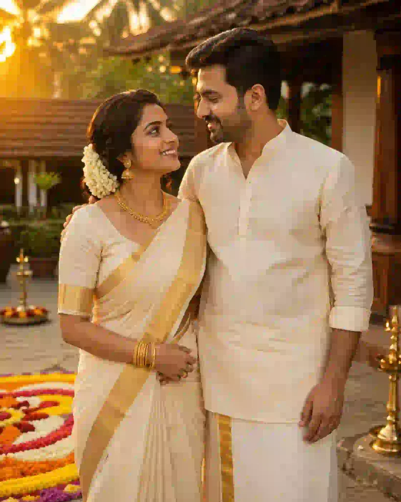 Romantic Onam couple in traditional Kerala attire standing beside a colorful Pookalam during golden hour