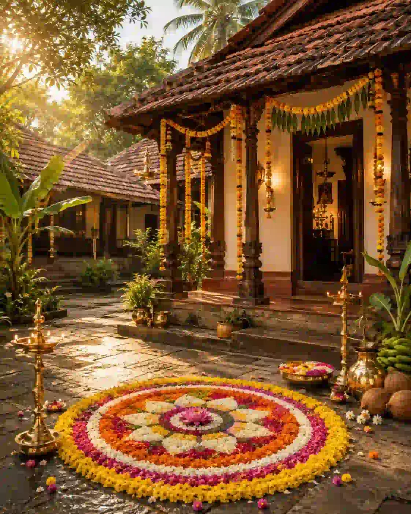 Group of people in traditional Kerala outfits celebrating Onam around a pookalam