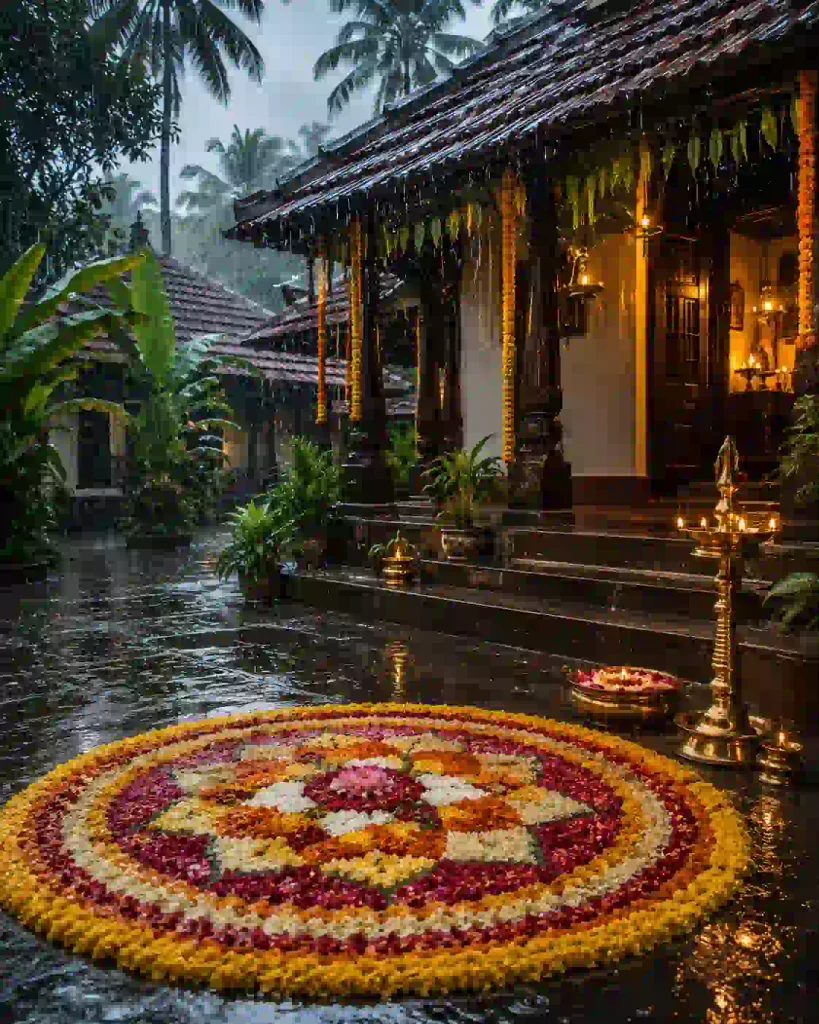 Beautiful Onam pookalam decorated with traditional lamps outside a Kerala home at night