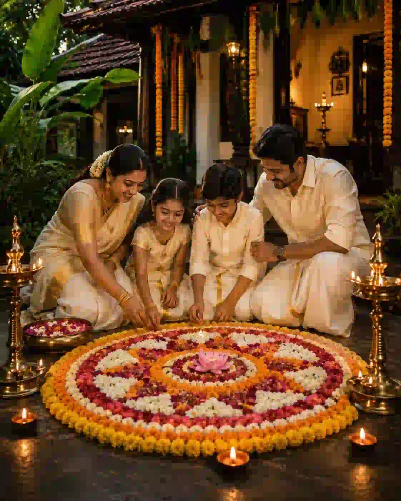 Colorful Onam pookalam outside a traditional Kerala home during rain