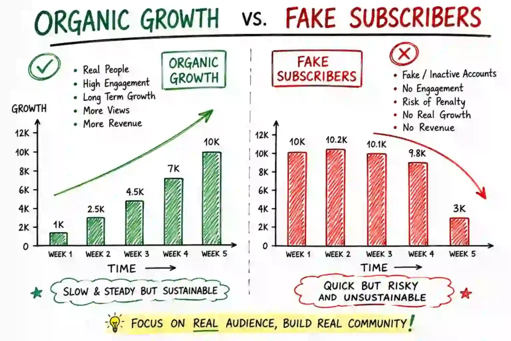 Comparison of organic YouTube subscriber growth versus fake subscribers.