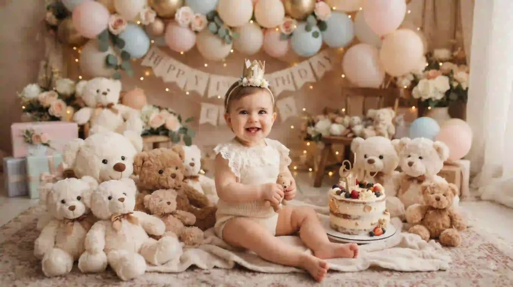 Outdoor baby birthday photo with flowers and balloon arch