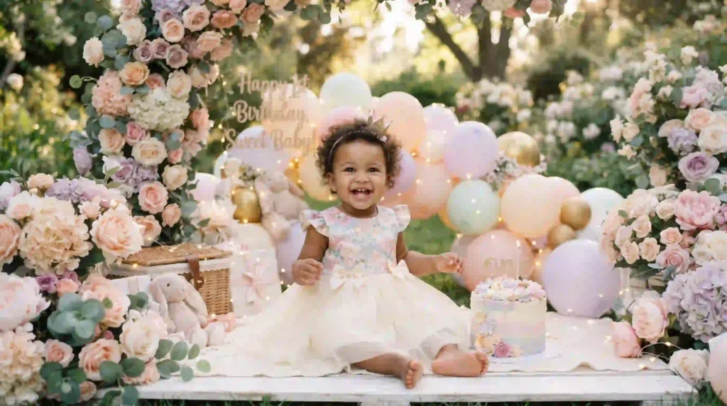 Pastel baby girl birthday photo with cake and floral decorations