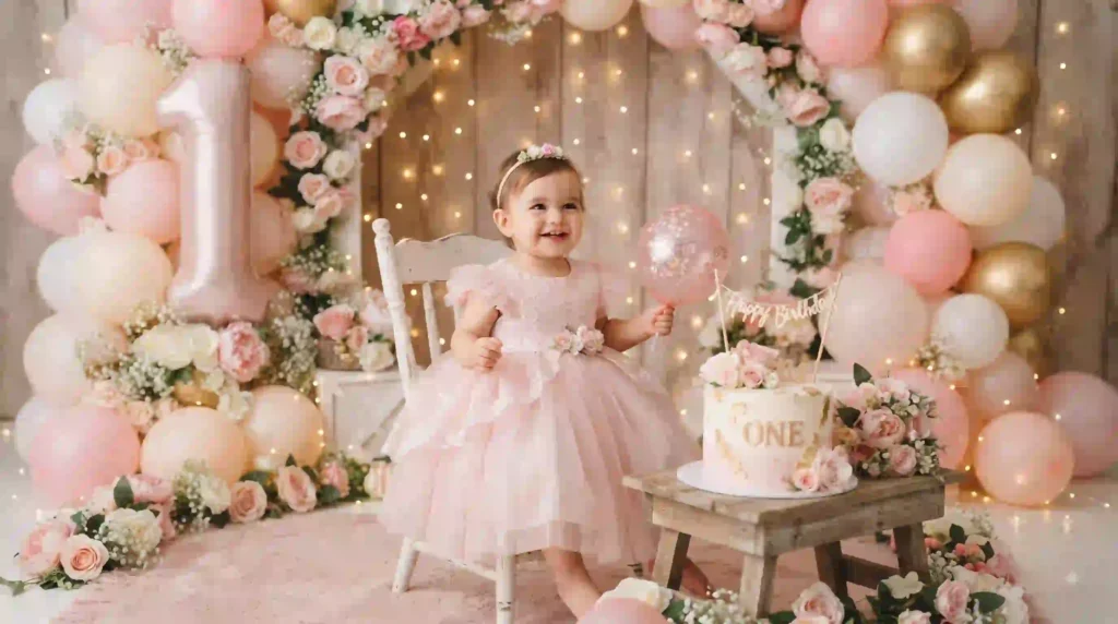 Baby girl first birthday photo with pink dress and balloons
