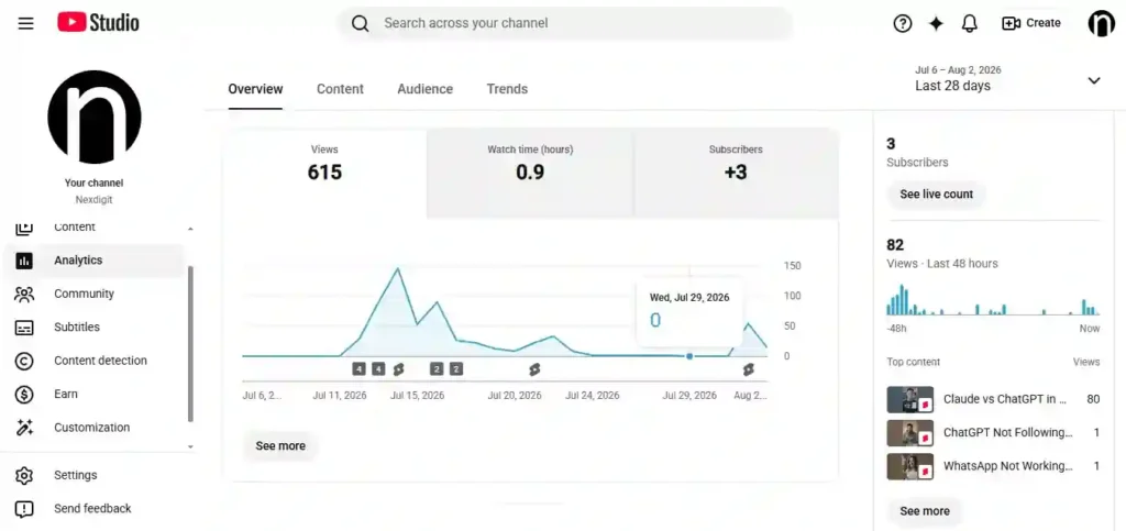 YouTube Analytics overview displaying views, watch time, and subscriber growth