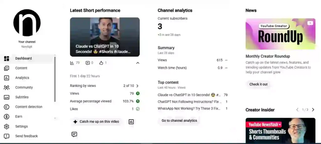 YouTube Studio dashboard showing channel performance and analytics.