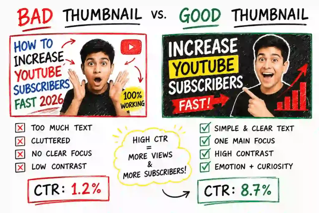 Bad vs good YouTube thumbnail comparison showing higher click-through rate.