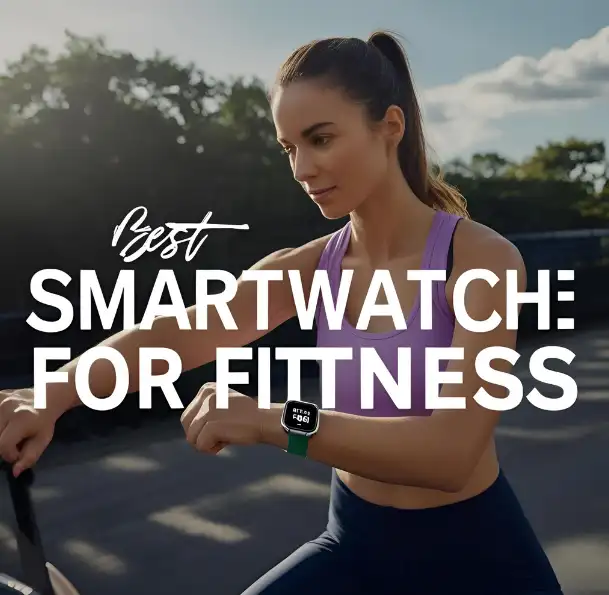 Infographic comparing Apple Watch Series 9, Samsung Galaxy Watch 6, Garmin Venu 3, and Fitbit Sense 2 with health tracking, GPS, productivity apps, and battery life features on a clean white background.