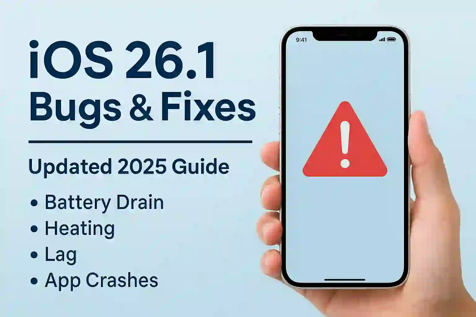 iOS 26.1 bugs and fixes guide showing iPhone issues like battery drain, heating, lag, and app crashes