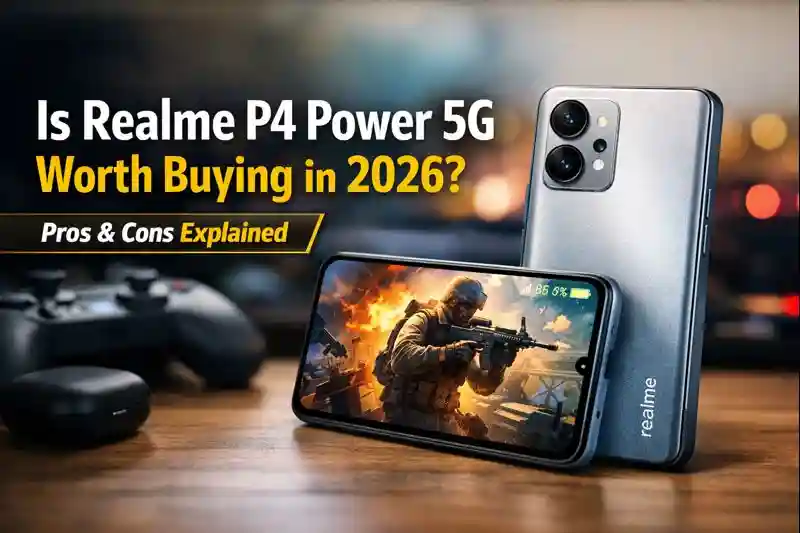 Realme P4 Power 5G smartphone showing front and back design with display and camera module in 2026 review.