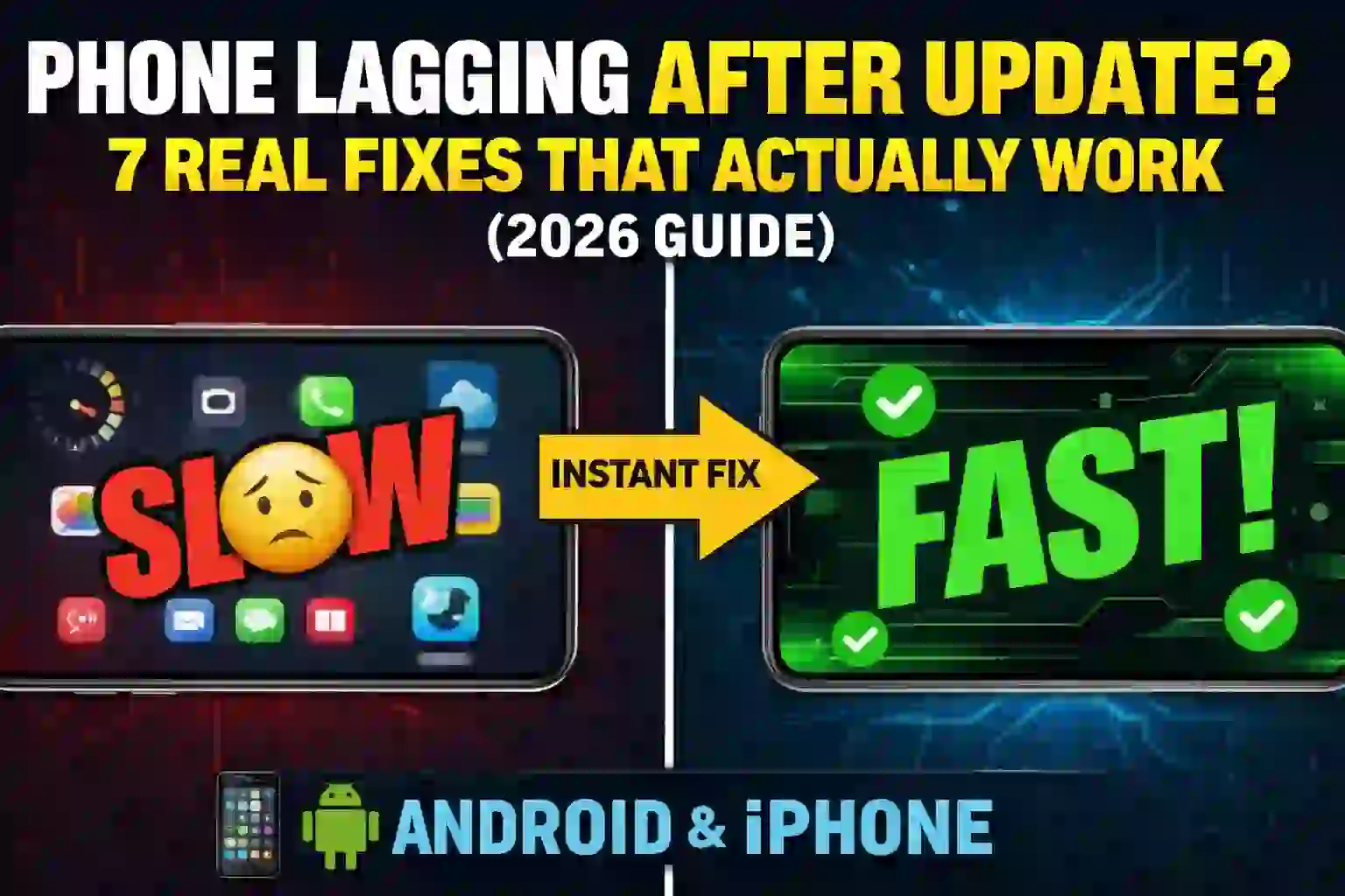 Phone lagging after update fix showing slow vs fast performance on Android and iPhone with instant speed optimization tips (2026 guide)