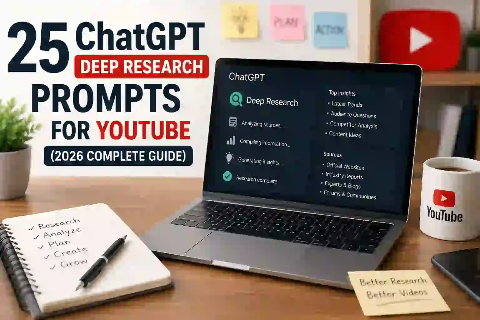 ChatGPT Deep Research Prompts for YouTube 2026 complete guide showing AI-powered YouTube research workflow
