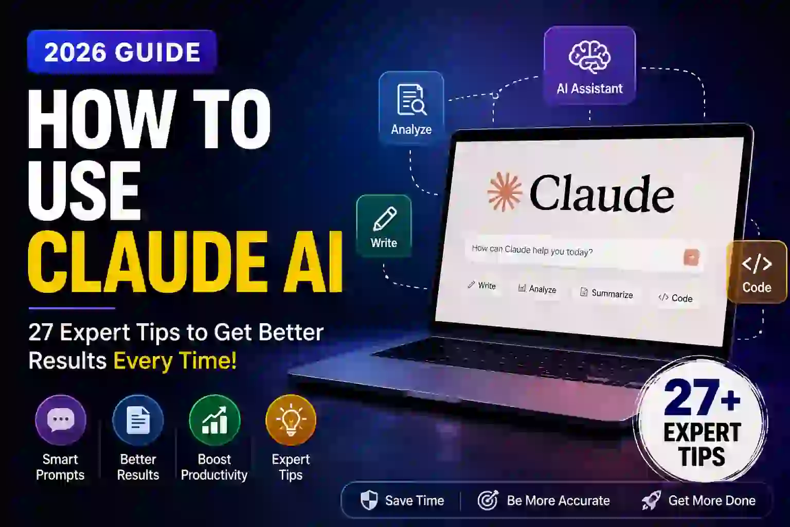 Laptop displaying the Claude AI interface with a guide on using Claude AI effectively, featuring expert prompt engineering and productivity tips for better AI results.